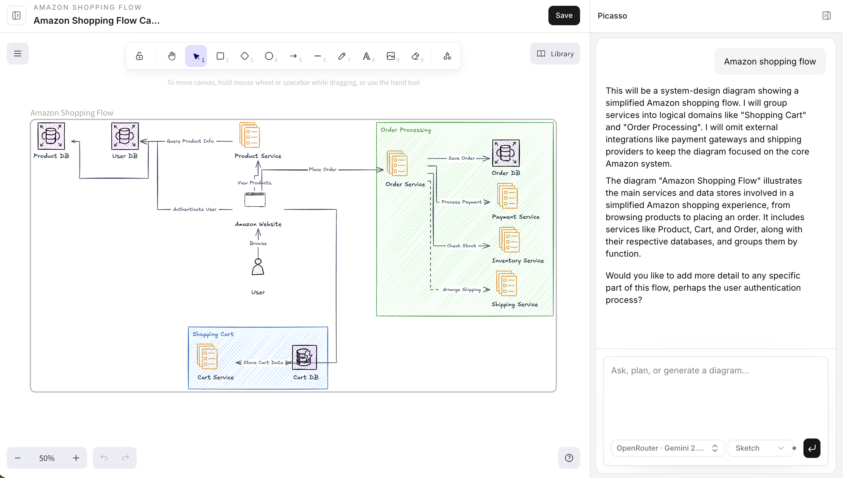 The OpenDraw interface showing the prompt input and generated diagram